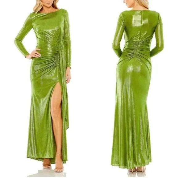 NWT Mac Duggal Drape Bodice Metallic Green Long Sleeve Dress‎ 4 Gown Style 27165